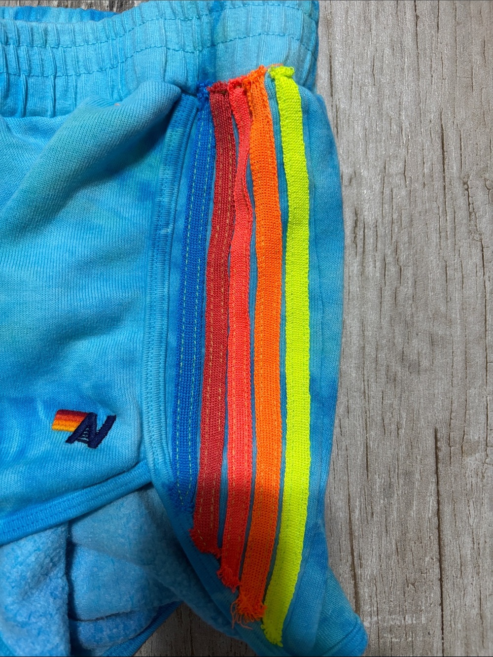 Aviator Nation Blue Tie-Dye Athletic Shorts with 5 Rainbow Side Stripes - Picture 3 of 5